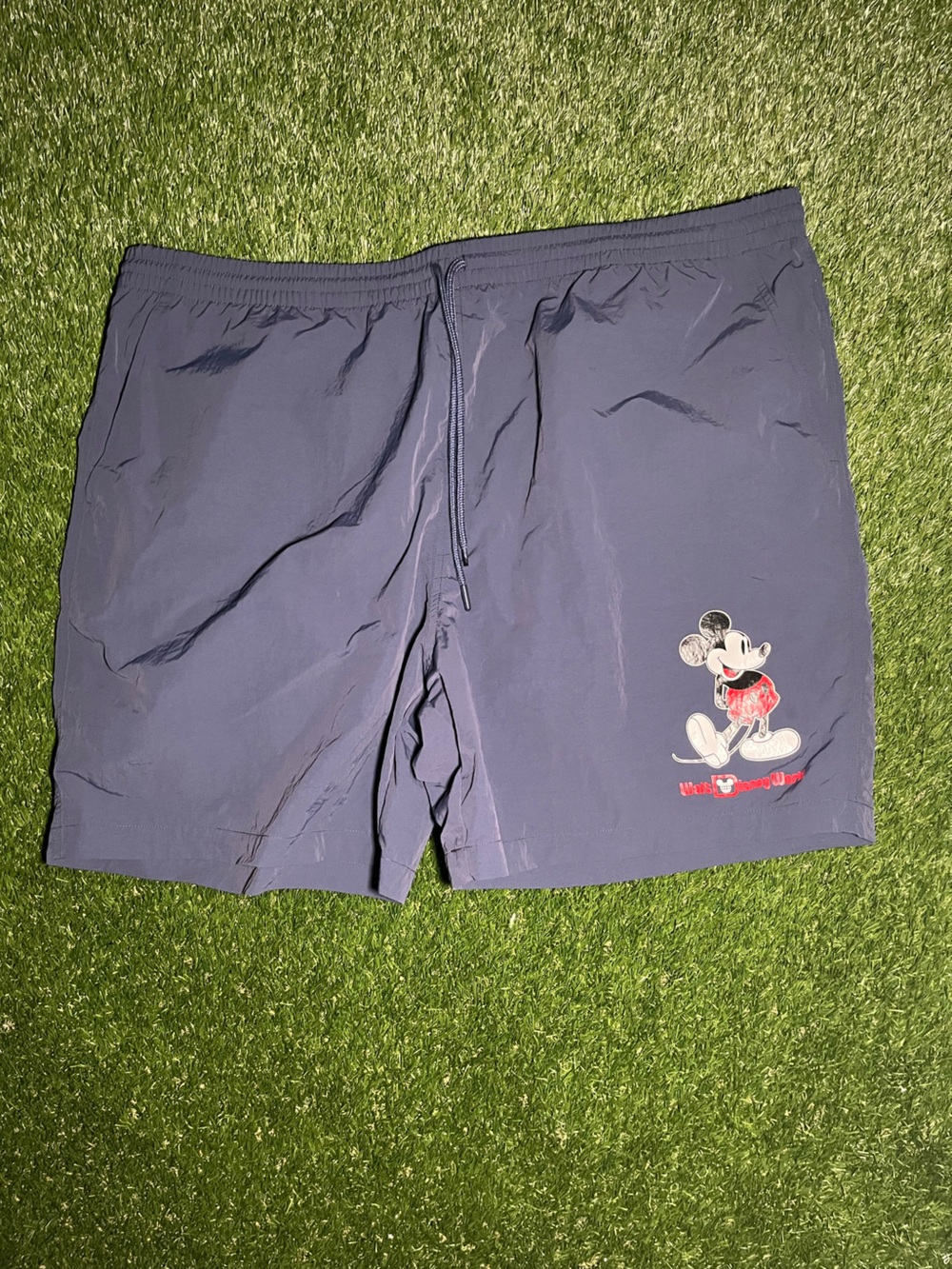 Disney Men's Navy Swim Trunks/Elastic Shorts with Mickey Graphic and Red Accent